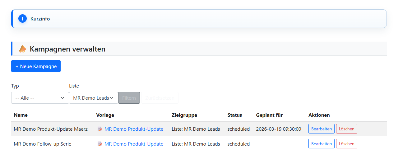 MR Kampagnen&uuml;bersicht mit Demo-Kampagnen