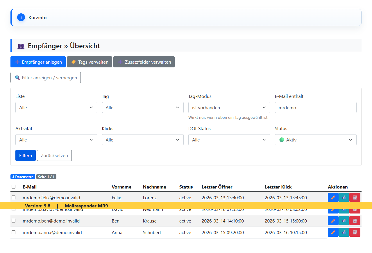 MR Empf&auml;nger&uuml;bersicht mit gefilterten Demo-Eintr&auml;gen